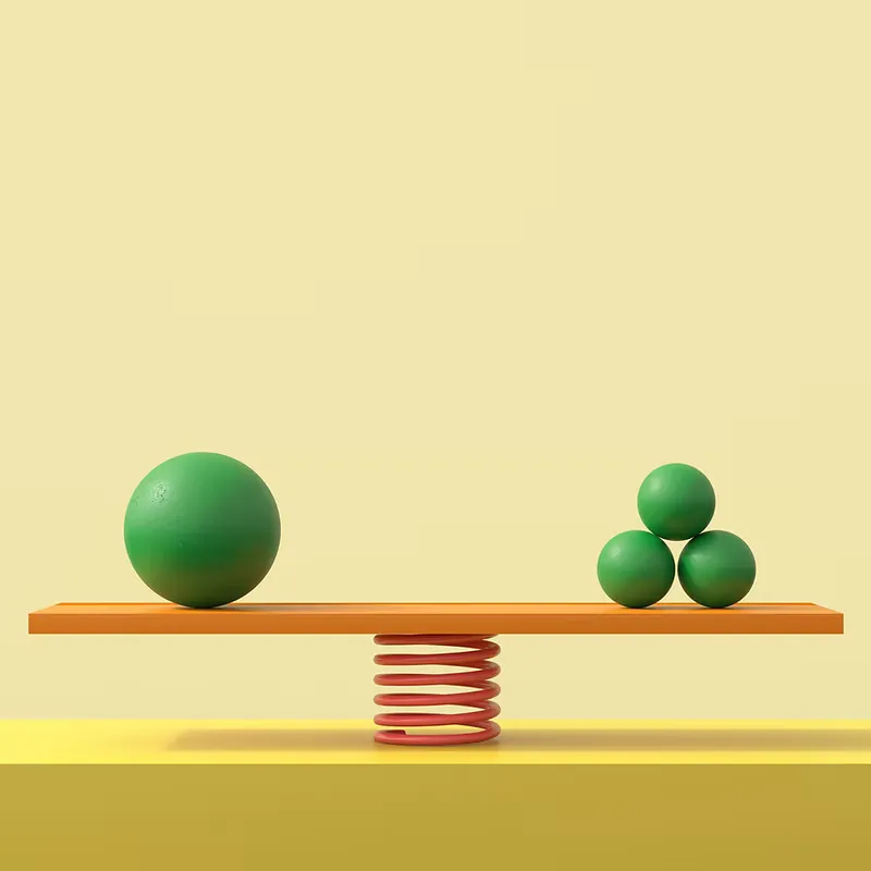Une planche sur un ressort avec des balles en équilibre